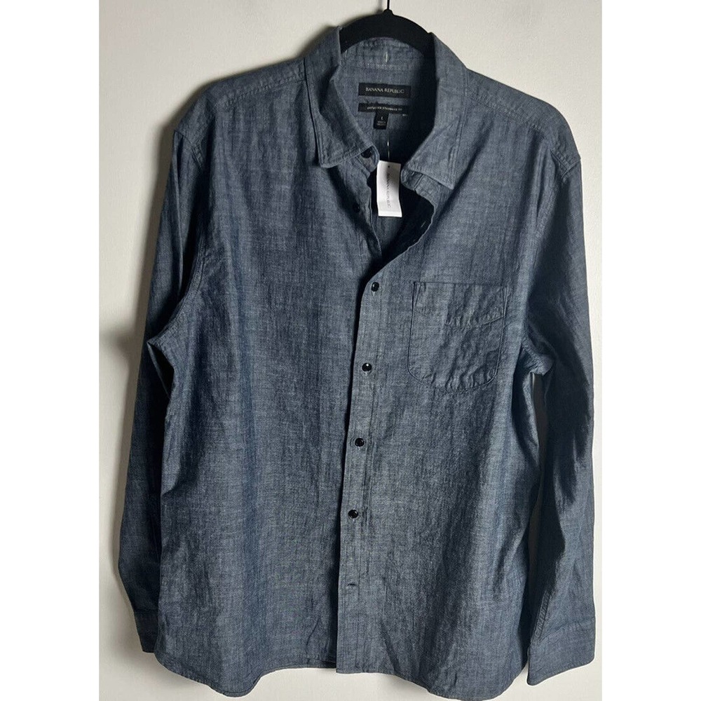 Banana Republic Mens Sz L Standard Fit Navy Blue Chambray Button Down Shirt NEW